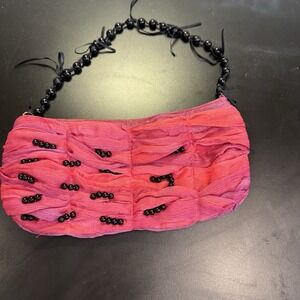 In's Pink Ruched & Black Beaded Handle‎ Clutch  Bag Purse Formal Girly Fancy